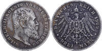 Kingdom of Württemberg 3 Mark William II, Stuttgart, Silber, S+ -