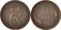 Dänemark 5 Öre Münze, Christian IX, S+, Bronze, KM:794.1 -