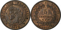 Frankreich 5 Centimes Cérès, Paris, Bronze, SS+, Gadoury:157a -