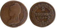 Frankreich 2 Décimes Münze, Dupré, Paris, SGE+, Bronze, Gadoury:300 -
