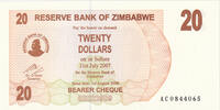 Simbabwe 20 Dollars Geldschein, 2006-08-01, KM:40, UNZ -