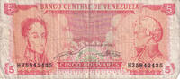 Venezuela 5 Bolivares Geldschein, 1989-09-21, KM:70b, S -