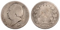 Frankreich 2 Francs Münze, Louis XVIII, Lille, SGE+, Silber -