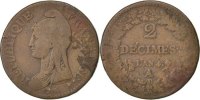 Frankreich 2 Décimes Münze, Dupré, S, Bronze, KM:638.1, Gadoury:300 -