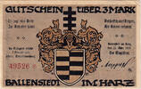 Deutschland 3 Mark Geldschein, Ballenstedt, Blason 1921-03-22, UNZ- Mehl:61.3 -