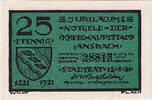 Deutschland 25 Pfennig Geldschein, Ansbach, Blason 1921-08-12, UNZ- Mehl:35.2c -