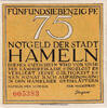 Deutschland 75 Pfennig Geldschein, Hameln, personnage 1921 UNZ- Mehl:566.1a -