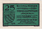 Deutschland 25 Pfennig Geldschein, Ansbach, personnage, 1921 UNZ- Mehl:35.2c -