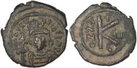 Half Follis Münze, Maurice Tiberius, Constantinople, SS, Kupfer, Sear:497 -