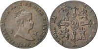Spanien 2 Maravedis Münze, Isabel II, Segovia, SS+, Kupfer, KM:532.4 -