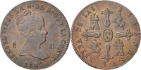 Spanien 8 Maravedis Münze, Isabel II, Jubia, VZ, Kupfer, KM:531.2 -