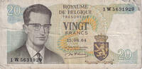 Belgien 20 Francs Geldschein, 1964-06-15, KM:138, S -