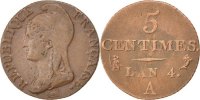 Frankreich 5 Centimes Münze, Dupré, Paris, SS, Bronze, KM:635.1 -