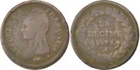 Frankreich Decime Münze, Dupré, Paris, SGE+, Bronze, KM:645.1 -