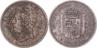 Spanien 5 Pesetas Münze, Amadeao I, Madrid, S+, Silber, KM:666 -