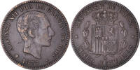 Spanien 5 Centimos Münze, Alfonso XII, Barcelona, SS+, Bronze, KM:674 -