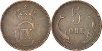 Dänemark 5 Öre Münze, Christian IX, SS, Bronze, KM:794.1 -