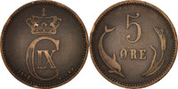 Dänemark 5 Öre Münze, Christian IX, Copenhagen, SS+, Bronze, KM:794.2 -