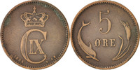 Dänemark 5 Öre Münze, Christian IX, SS, Bronze, KM:794.1 -