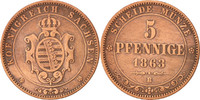 Deutsch Staaten 5 Pfennig Münze, SAXONY-ALBERTINE, Johann, SS+, Kupfer -