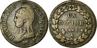 Frankreich Decime Münze, Dupré, Paris, S+, Bronze, KM:645.1 -