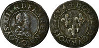 Frankreich Double Tournois Münze, Louis XIII, Double tournois, buste juvénile, 1624 Riom -