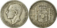 Spanien 2 Pesetas Münze, Alfonso XII, Madrid, S+, Silber, KM:678.1 -
