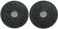 Frankreich 20 Centimes Münze, État français, Paris, SS+, Zinc -