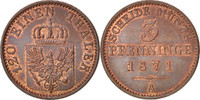 Deutsch Staaten 3 Pfennig Münze, PRUSSIA, Wilhelm I, UNZ+, Kupfer -