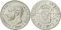 Spanien 50 Centimos Münze, Alfonso XII, SS, Silber, KM:685 -