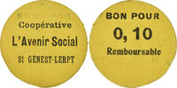 Frankreich 10 Centimes Münze, Coopérative, L'Avenir Social, Saint-Genest-Lerpt, 10 -