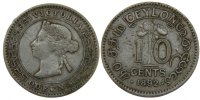 Ceylon 10 Cents Münze, Victoria, SS, Silber, KM:94 -