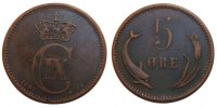 Dänemark 5 Öre Münze, Christian IX, SS, Bronze, KM:794.1 -
