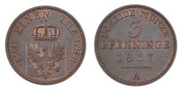 Deutsch Staaten 3 Pfennig Münze, PRUSSIA, Wilhelm I, VZ, Kupfer, KM:482 -