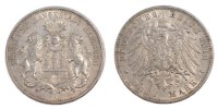 Deutsch Staaten 3 Mark Münze, HAMBURG, Hamburg, SS, Silber, KM:620 -