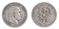 Deutsch Staaten 2 Mark Münze, PRUSSIA, Wilhelm I, Berlin, S+, Silber -