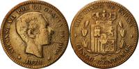 Spanien 5 Centimos Münze, Alfonso XII, Madrid, SS+, Bronze, KM:674 -