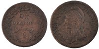 Frankreich Decime Münze, Dupré, Paris, S+, Bronze, KM:637.1 -