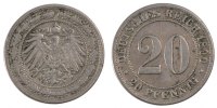 GERMANY - EMPIRE 20 Pfennig Münze, Stuttgart, SS, Copper-nickel, KM:13 -