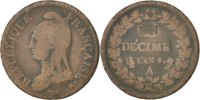Frankreich Decime Münze, Dupré, Paris, SGE+, Bronze, KM:637.1 -