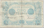 Frankreich 5 Francs Bleu, 1913-08-23, SGE+, Fayette:2.20, KM:70 -