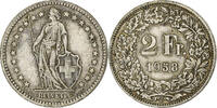 Schweiz 2 Francs Helvetia, Bern, Silber, VZ, KM:21 -