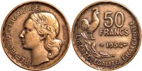 Frankreich 50 Francs Münze, Guiraud, SS, Aluminum-Bronze, Gadoury:880 -