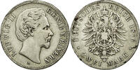 Deutsch Staaten 2 Mark Münze, BAVARIA, Ludwig II, Munich, SS, Silber -