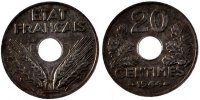 Frankreich 20 Centimes Münze, État français, Paris, SS, Zinc -