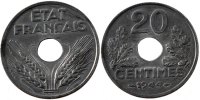 Frankreich 20 Centimes Münze, État français, Paris, SS+, Zinc -