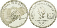 Frankreich 100 Francs Münze, Alpine skiing, BE, STGL, Silber, KM:971 -