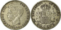 Spanien 50 Centimos Münze, Alfonso XIII, Madrid, SS, Silber, KM:705 -