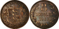 Guernsey 8 Doubles Münze, Heaton, Birmingham, SS, Bronze, KM:7 -
