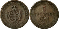 Deutsch Staaten 5 Pfennig Münze, SAXONY-ALBERTINE, Johann, S+, Kupfer -